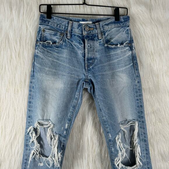 Moussy Howa Distressed Tapered Jeans Medium Wash Blue Mid Waist Ripped Crop 25 - Picture 4 of 14